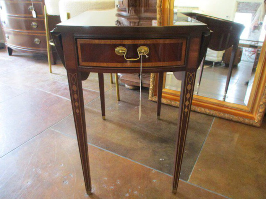 Hickory Drop Leaf Table In Mahogany With Inlaid Detail 27"L x 18.5"D closed x 38" open