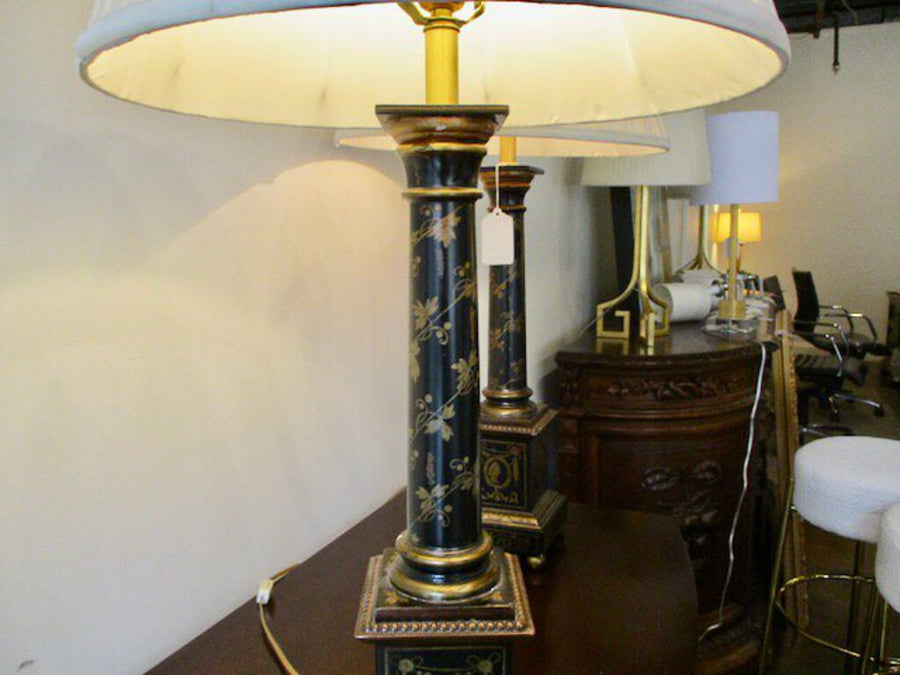 Pair Of Empire Style Black and Gold Lamps 33.5"Tall to Finial / base is 5.5" x 5.5"