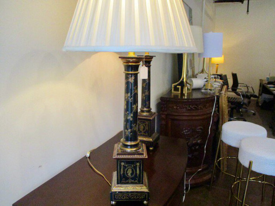 Pair Of Empire Style Black and Gold Lamps 33.5"Tall to Finial / base is 5.5" x 5.5"