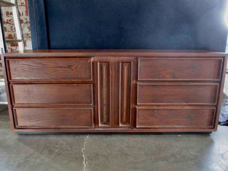 MCM Original Dillingham 6 Drawer Dresser And Arched Mirror In Walnut And Pecky Cypress 60"W x 19"D x 30"T. Mirror 40"T x 28"W HEADBOARD AVAILABLE