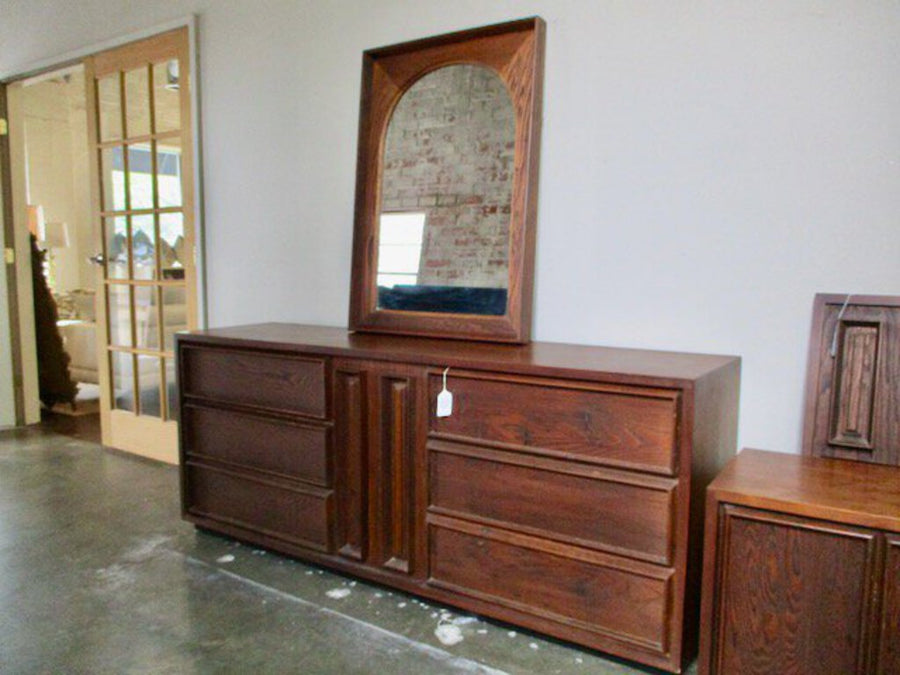 MCM Original Dillingham 6 Drawer Dresser And Arched Mirror In Walnut And Pecky Cypress 60"W x 19"D x 30"T. Mirror 40"T x 28"W HEADBOARD AVAILABLE
