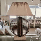 Vintage Palecek Large Rattan And Stone Base Lamp 34"T x 19"Diam Center Base x 24"L Shade
