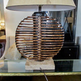 Vintage Palecek Large Rattan And Stone Base Lamp 34"T x 19"Diam Center Base x 24"L Shade