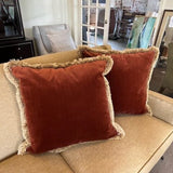 Pair of Large Velvet Rust Pillows with Fringe 26" x 26"