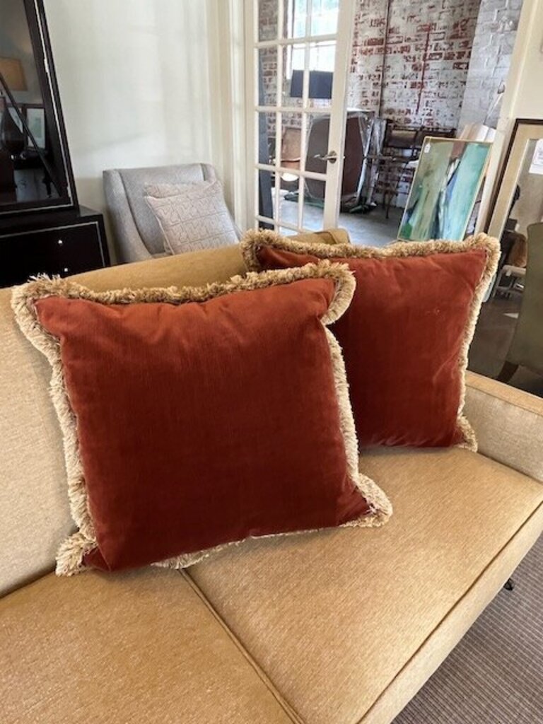 Pair of Large Velvet Rust Pillows with Fringe 26" x 26"