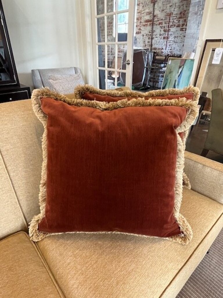 Pair of Large Velvet Rust Pillows with Fringe 26" x 26"