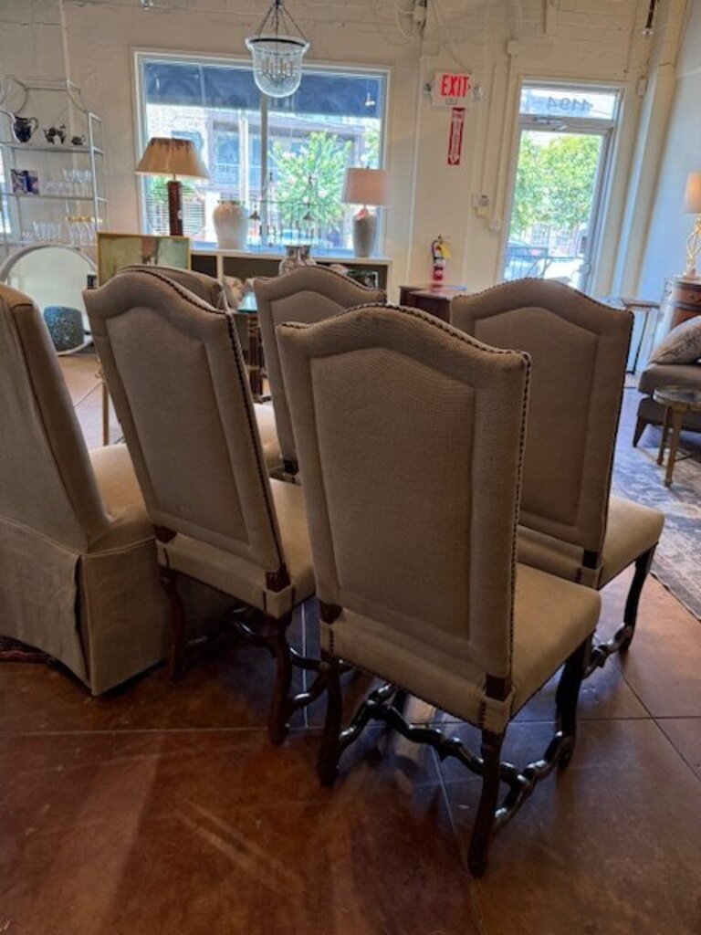 Set Of 6 Dining Chairs (4) Antique Walnut 18.5"W x 18"D x 43"T And (2) Custom Slipcover 20"W x 20"D x 41"T