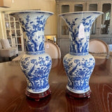Pair Of Large Fine Asian Blue And White Vases On Stands 21"T x 10.5" Diam Top