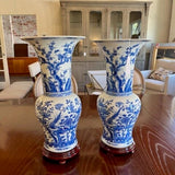 Pair Of Large Fine Asian Blue And White Vases On Stands 21"T x 10.5" Diam Top