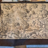 Antique Tapestry on Carved Wood Hanger 66"W Rod/ Tapestry 45" W x 32"T