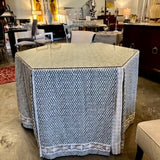 Custom Skirted Table w/ Glass Top 46"Diam x 31"T (Fabrics: Namasay, Chelsea Textiles and Schumacher Trim)