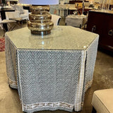 Custom Skirted Table w/ Glass Top 46"Diam x 31"T (Fabrics: Namasay, Chelsea Textiles and Schumacher Trim)
