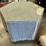 Custom Skirted Table w/ Glass Top 46"Diam x 31"T (Fabrics: Namasay, Chelsea Textiles and Schumacher Trim)