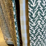 Custom Skirted Table w/ Glass Top 46"Diam x 31"T (Fabrics: Namasay, Chelsea Textiles and Schumacher Trim)