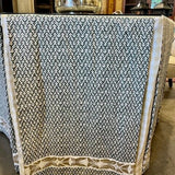 Custom Skirted Table w/ Glass Top 46"Diam x 31"T (Fabrics: Namasay, Chelsea Textiles and Schumacher Trim)