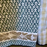 Custom Skirted Table w/ Glass Top 46"Diam x 31"T (Fabrics: Namasay, Chelsea Textiles and Schumacher Trim)