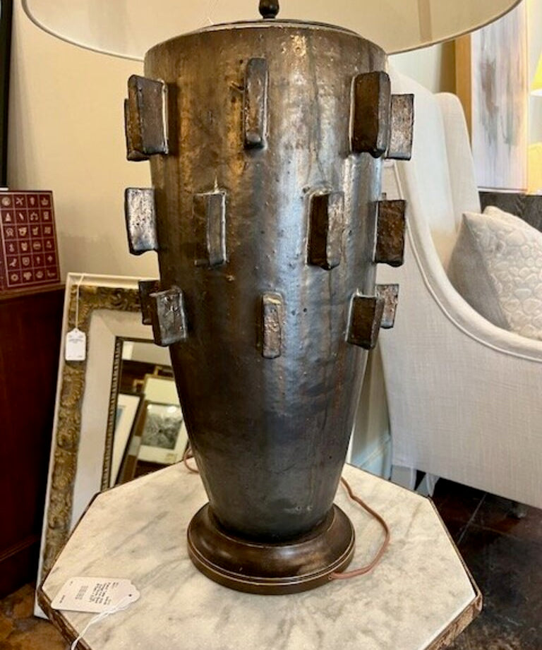 Large Brutalist Style Lamp In Bronze Finish 35"Tall to Finial/ Shade Diam 16"