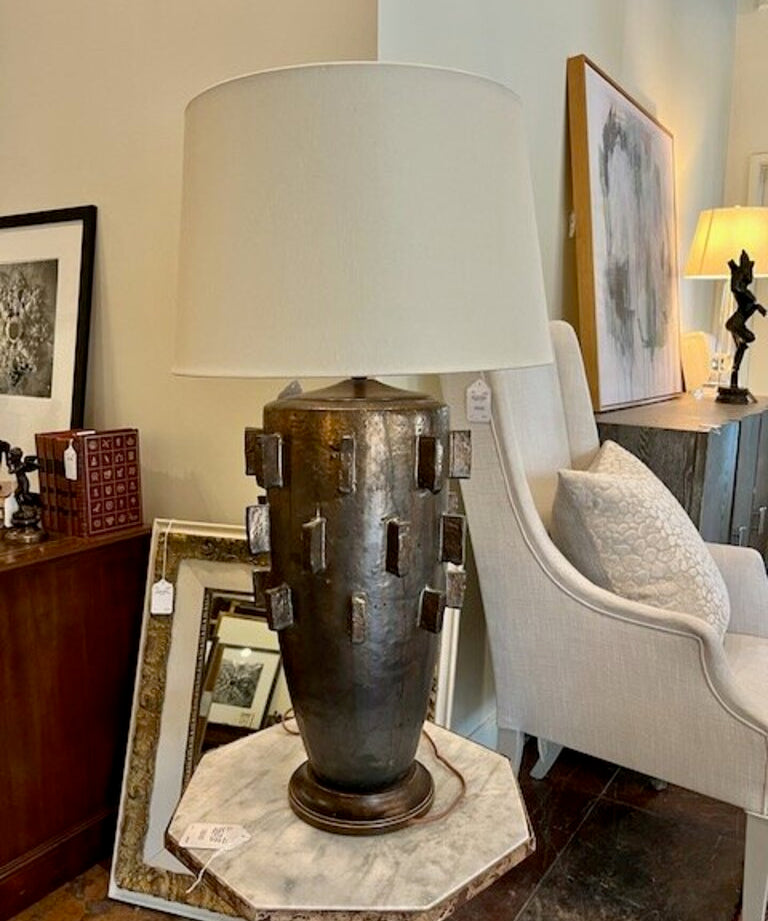 Large Brutalist Style Lamp In Bronze Finish 35"Tall to Finial/ Shade Diam 16"