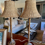 Pair Of Candlestick Lamps From Boxwoods With Woven Shades 33"T to Finial
