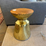 Hammered Brass Side Table with Teak wood Top 13.5 " D X 18" T