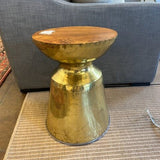 Hammered Brass Side Table with Teak wood Top 13.5 " D X 18" T
