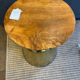 Hammered Brass Side Table with Teak wood Top 13.5 " D X 18" T