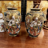 Pair Japanese Satsuma Enamel Moriage Handpainted Vaes 9" T
