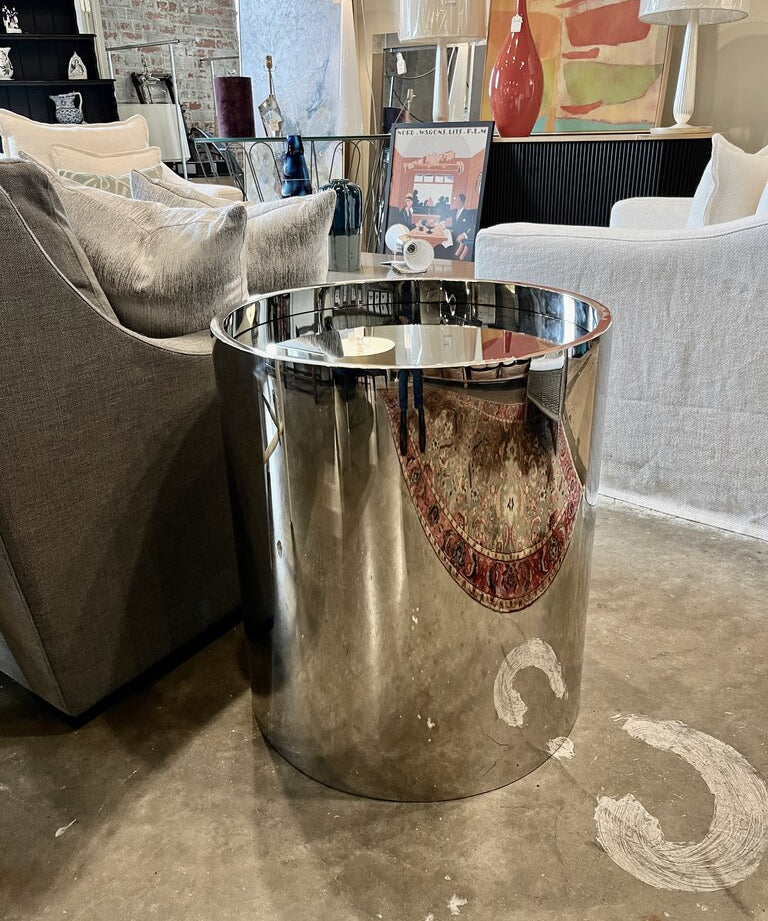 Jonathan Adler Alphaville Chrome Side Table With Mirrored Top 22" diam x 25"T