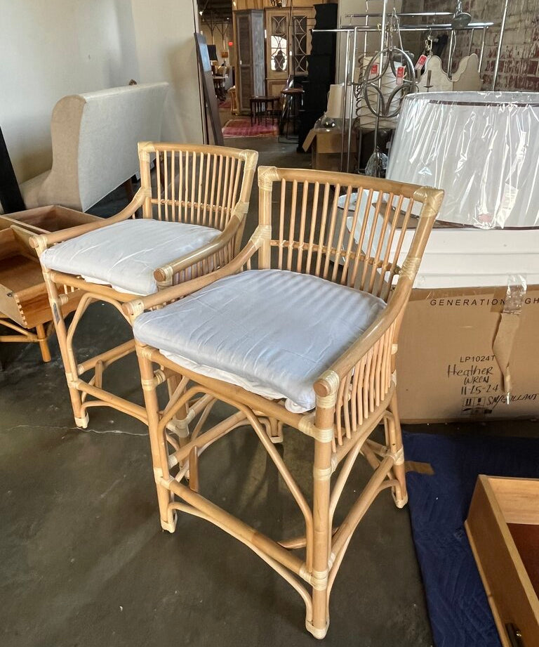 Pair Rattan Counter Stools 21.5 W X 19 D X 37.5 T
