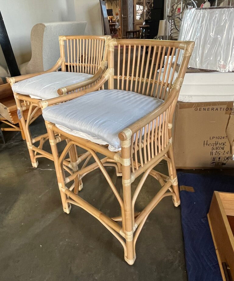 Pair Rattan Counter Stools 21.5 W X 19 D X 37.5 T