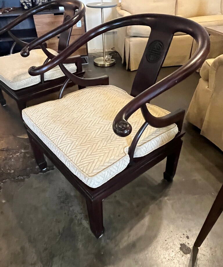 Pair Of Vintage James Mont Style Asian Horseshoe Chairs 28.5"W x 22"D x 30"T