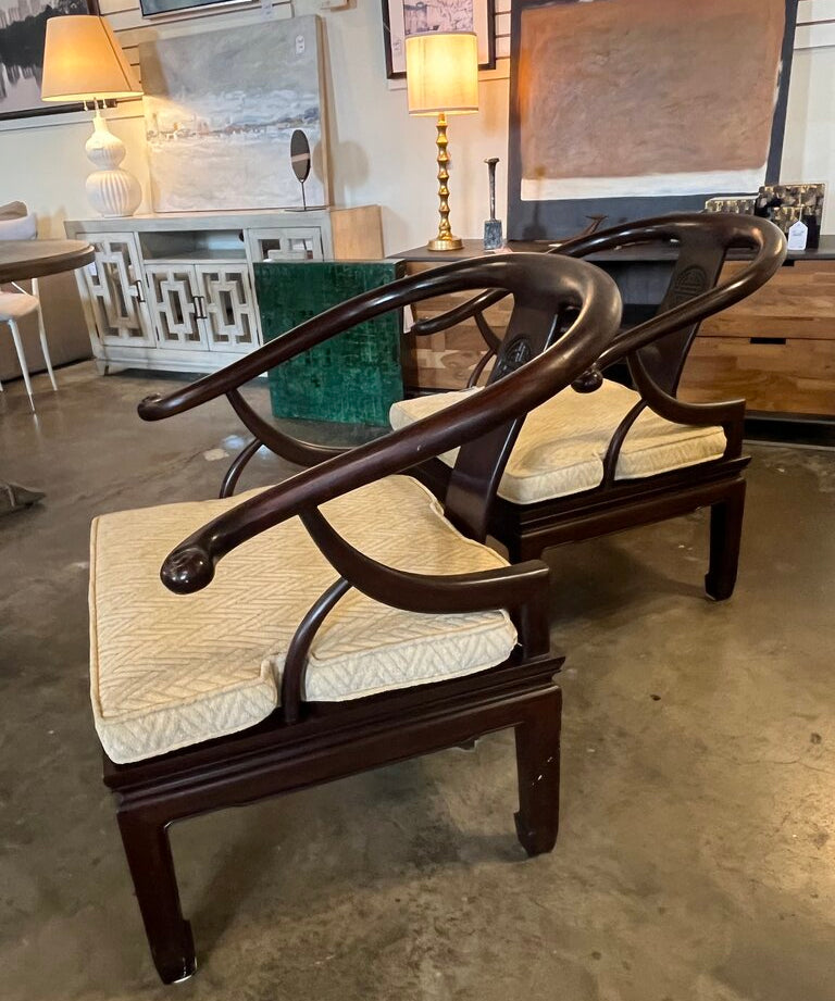 Pair Of Vintage James Mont Style Asian Horseshoe Chairs 28.5"W x 22"D x 30"T