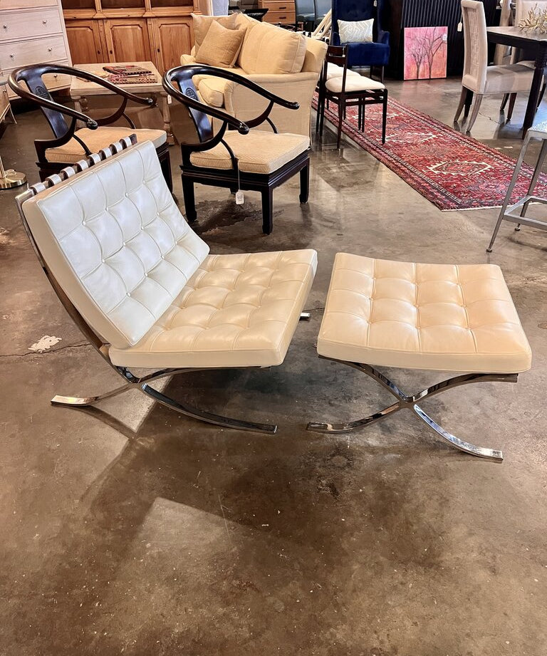 Ca.1980's Knoll Mies Van Der Rohe Barcelona Chair And Ottoman In Cream Leather 29.5"W x 30"D x 30.5"H / ottoman 24.5"W x 22"D x 15"H