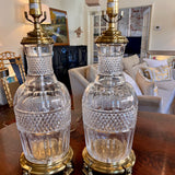 Pair Of Large Vintage Paul Hanson Cut Glass And Brass Lamps (No Shades)