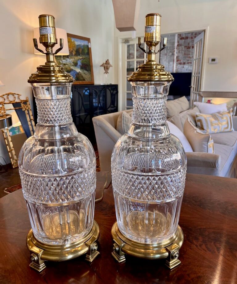 Pair Of Large Vintage Paul Hanson Cut Glass And Brass Lamps (No Shades)