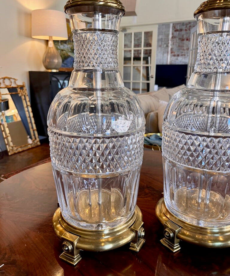 Pair Of Large Vintage Paul Hanson Cut Glass And Brass Lamps (No Shades)