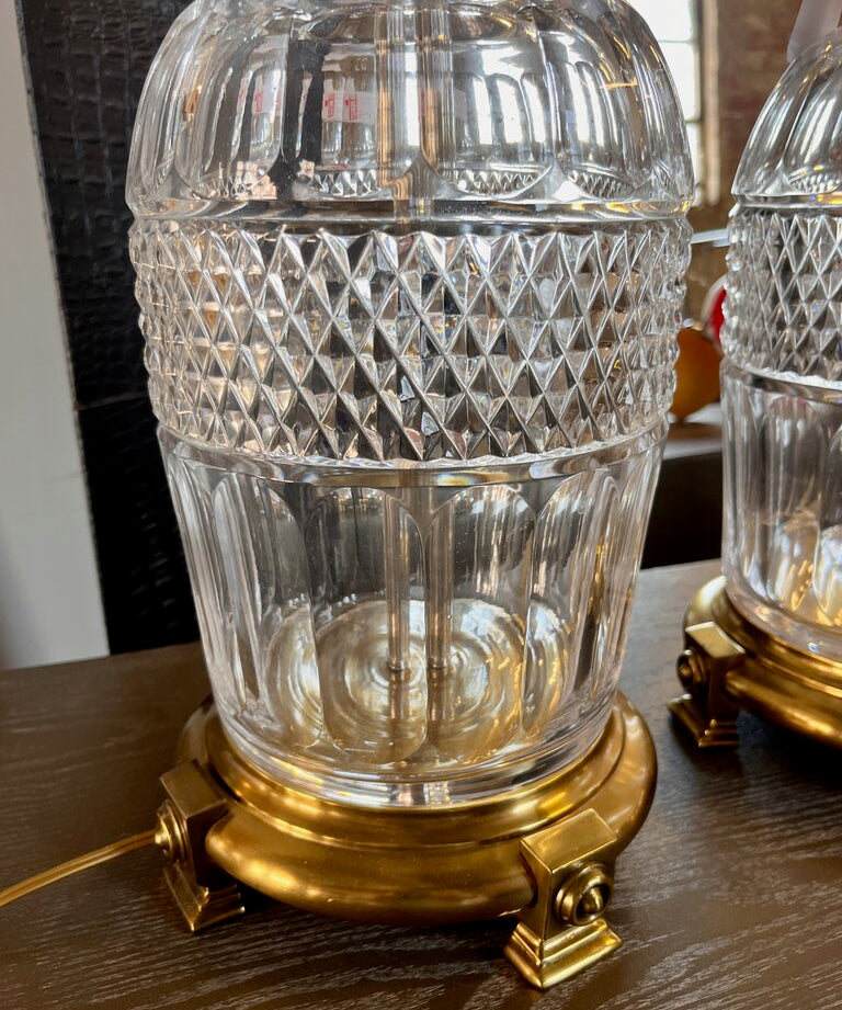 Pair Of Large Vintage Paul Hanson Cut Glass And Brass Lamps (No Shades)