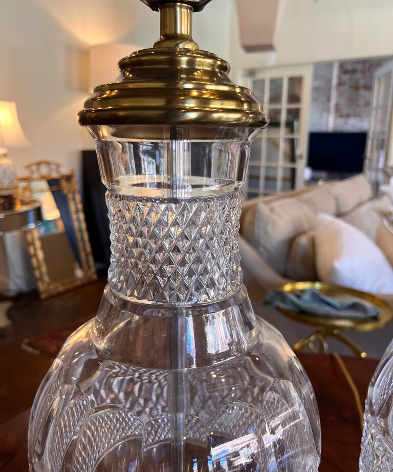 Pair Of Large Vintage Paul Hanson Cut Glass And Brass Lamps (No Shades)