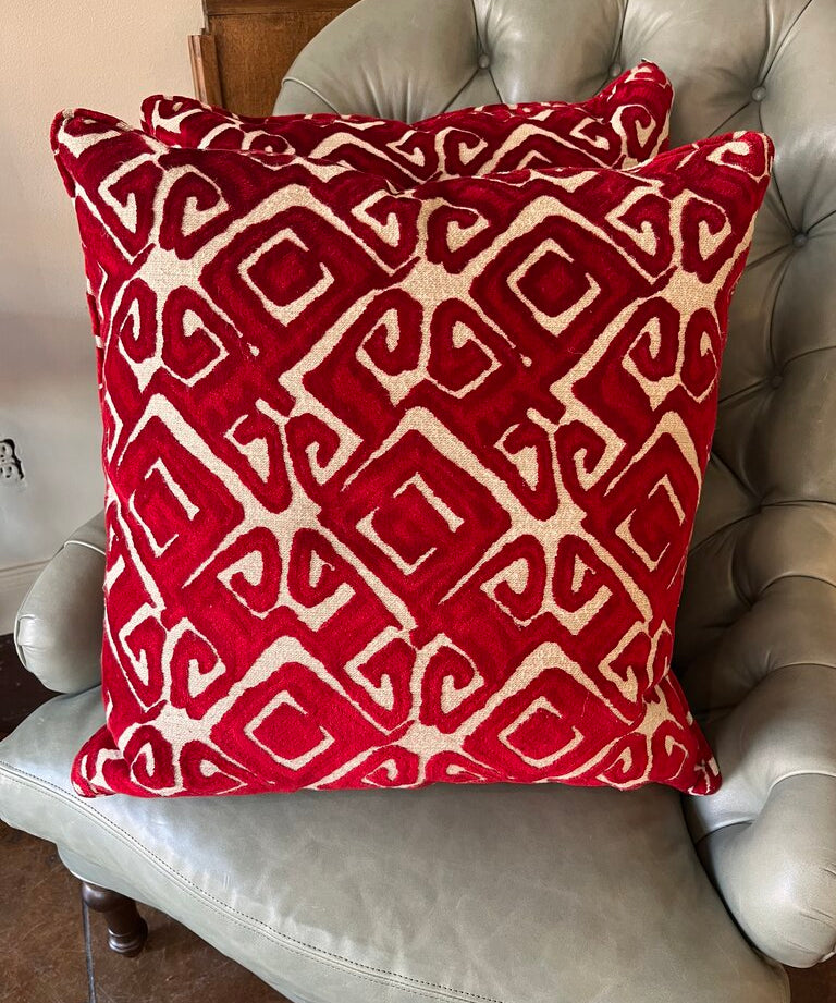 Pair Of Red Cut Velvet Pillows 21" x 21"