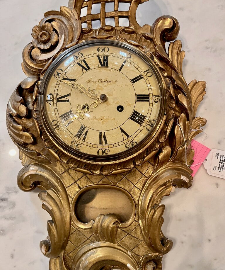 Large Antique Swedish Rococo Style Gold Gilt Wall Clock Signed Bror Carlesson