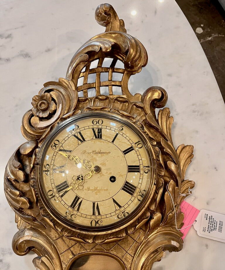 Large Antique Swedish Rococo Style Gold Gilt Wall Clock Signed Bror Carlesson