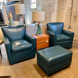 Pair of Ethan Allen Leather Swivel Chairs 31.5"W x 35.5"T x 36"D & Ottoman 20"D x 27"W x 17.5"T