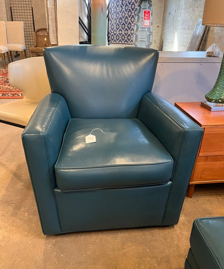 Pair of Ethan Allen Leather Swivel Chairs 31.5"W x 35.5"T x 36"D & Ottoman 20"D x 27"W x 17.5"T
