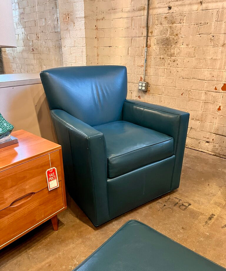 Pair of Ethan Allen Leather Swivel Chairs 31.5"W x 35.5"T x 36"D & Ottoman 20"D x 27"W x 17.5"T