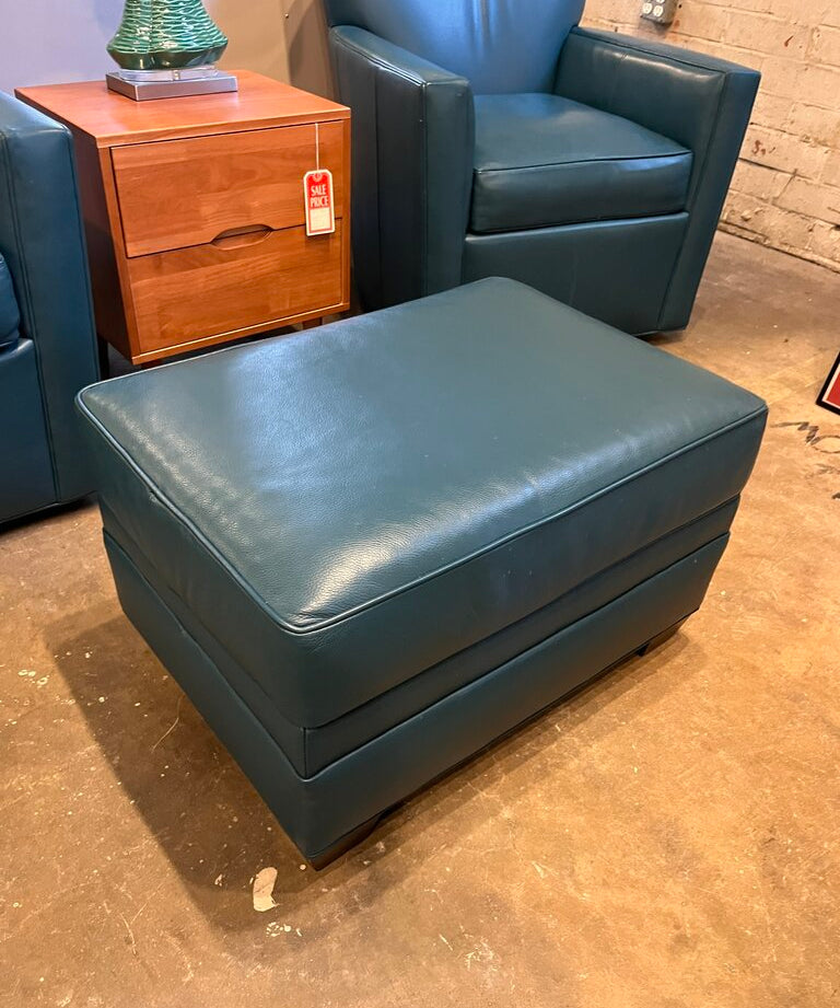 Pair of Ethan Allen Leather Swivel Chairs 31.5"W x 35.5"T x 36"D & Ottoman 20"D x 27"W x 17.5"T