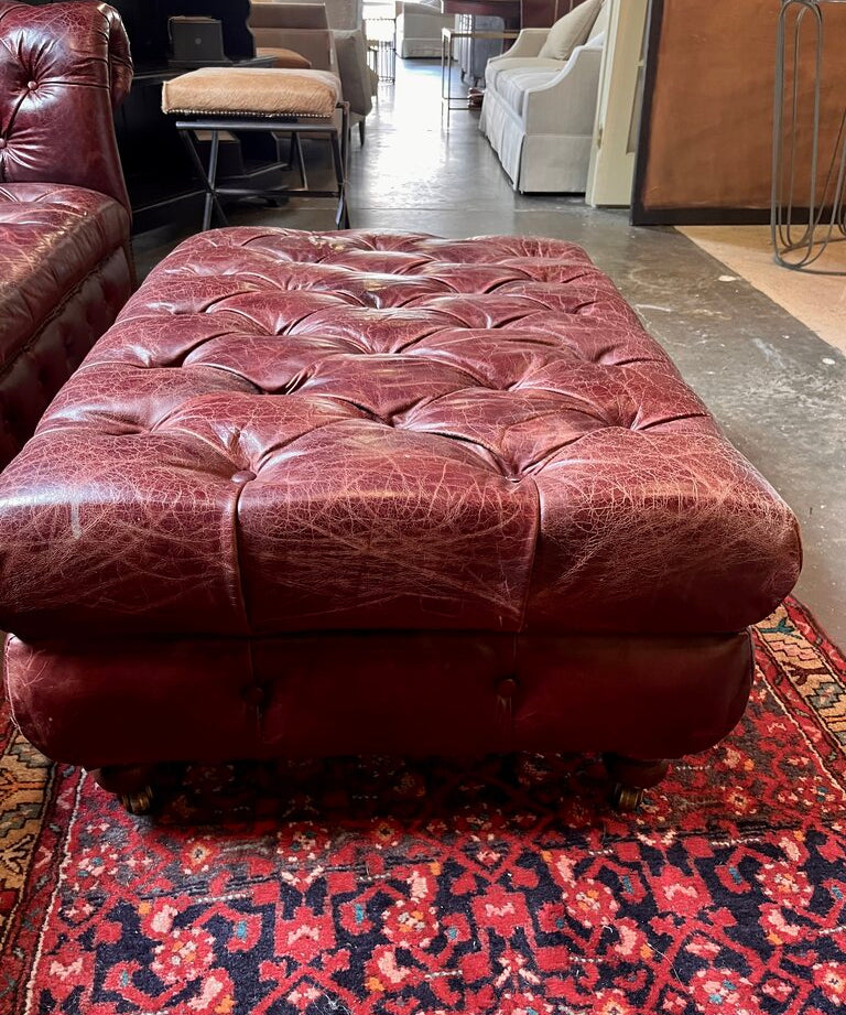 Restoration Hardware Tufted Leather Ottoman In Deep Burgundy 39"L x 28.5"D x 17"T
