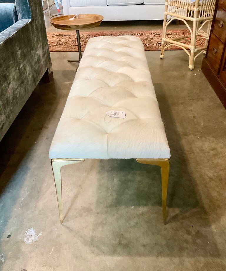 Global Views Stiletto Cowhide Leather Bench With Gold Metal Legs 61.75"L x 19"D x 20"T