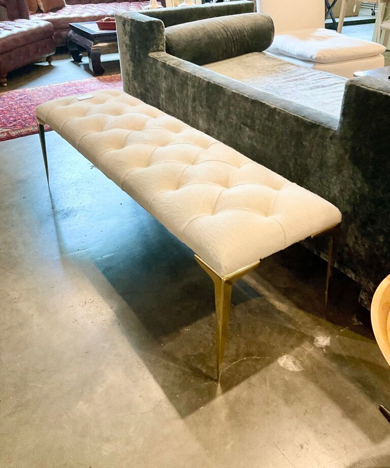 Global Views Stiletto Cowhide Leather Bench With Gold Metal Legs 61.75"L x 19"D x 20"T