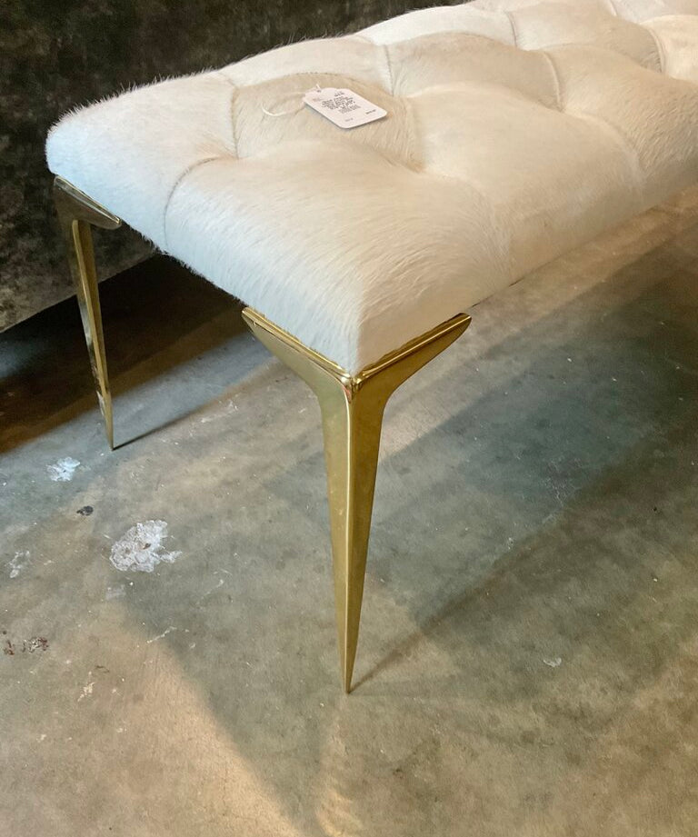 Global Views Stiletto Cowhide Leather Bench With Gold Metal Legs 61.75"L x 19"D x 20"T