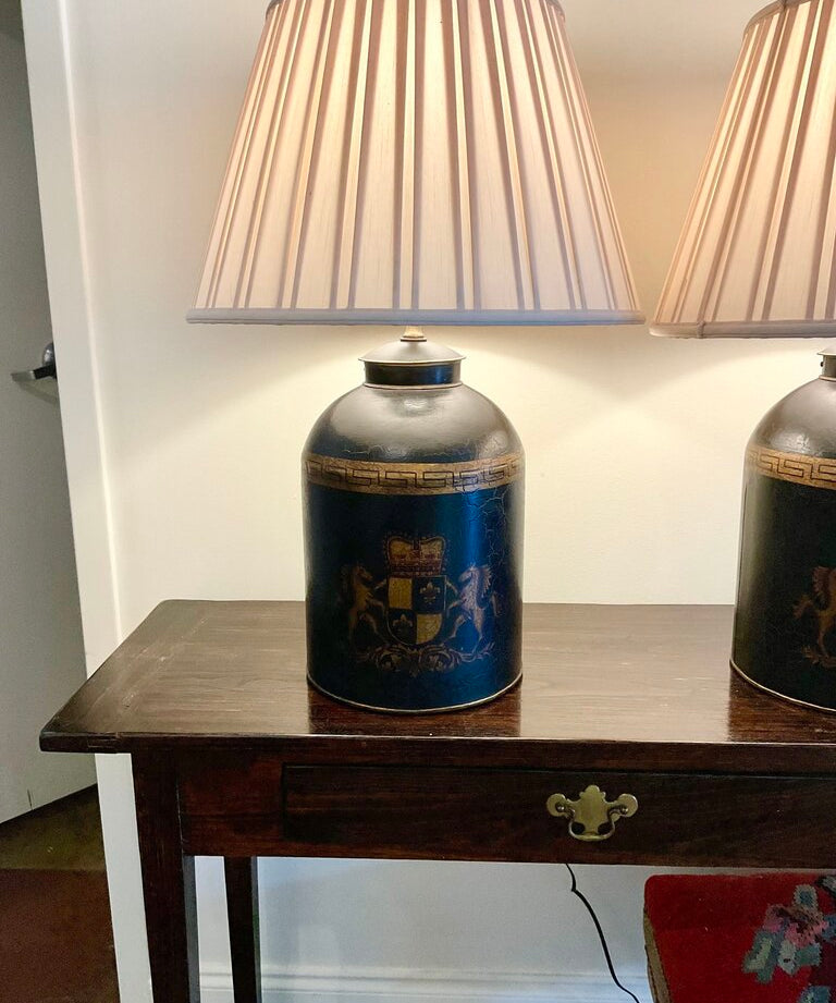 Pair Of Large English Style Tea Drum Lamps 9"Diam x 27"T